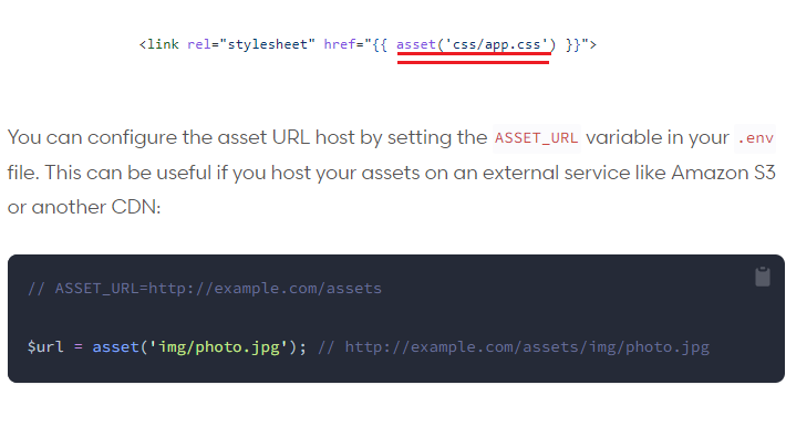 Laravel docs showing asset URL configuration